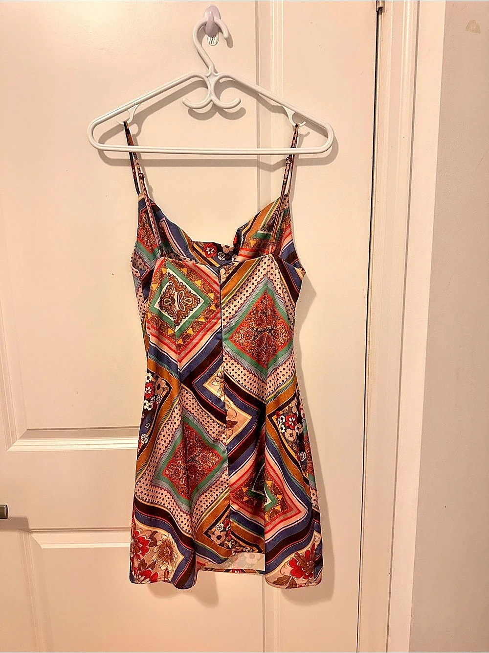 Red Dress Looking Like a Yes Rust & Blue Scarf Print Cowl Neck Mini Dress - Picture 2 of 2